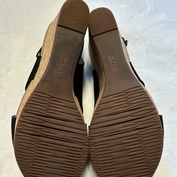 Clarks Black Wedge Sandals with Cork Sole - Picture 3 of 5